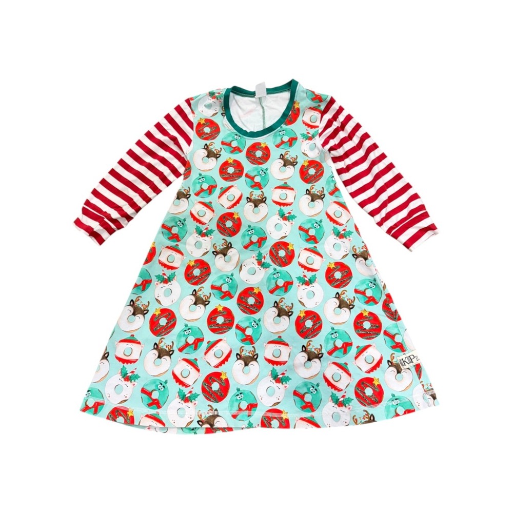 KPea Christmas Donut Dress XS Kids Blue Red Striped Reindeer Holiday Excellent